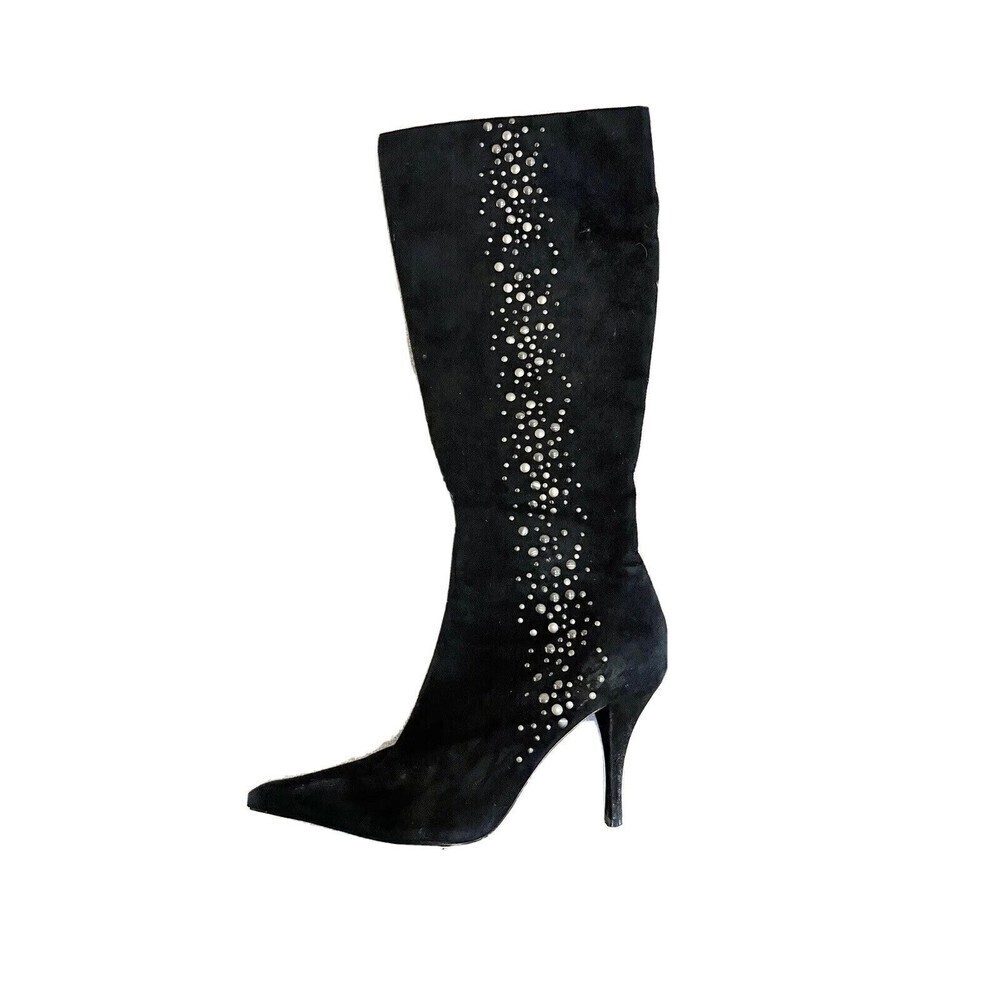 Alfani Women’s Black Tall Boots Heels 6M Vintage Y2K Metal Studded Suede Leather